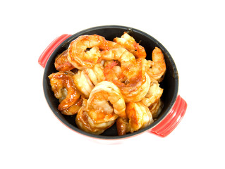 little casserole with shrimp over white background