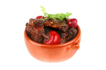 beef meat in pot with vegetables