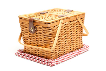 Picnic Basket and Folded Blanket Isolated