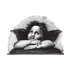 Raphael's Sistine Madonna Love Cherub, vectorized engraving