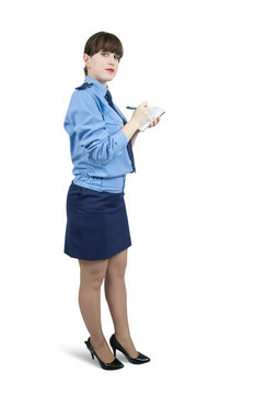 woman in uniform  writing on her notepad over white