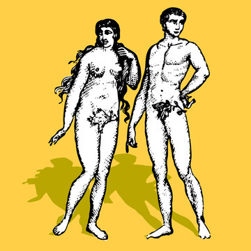 Adam and Eva cartoon vector illustration retro God creation