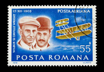 romanian mail stamp featuring the wright brothers first flight