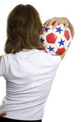 woman with a football ball isolated over a white background