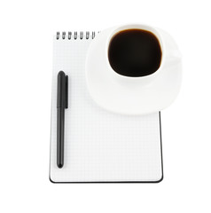 Obraz na płótnie Canvas Blank note pad, pen, cup of coffee isolated
