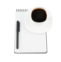 Blank note pad, pen, cup of coffee isolated