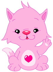Cute pink kitten with a heart shape on his belly waving hello