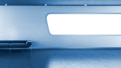 Dark blue couch in interior wall window copyspace