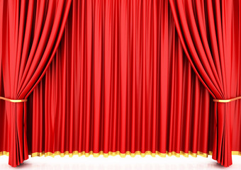 Red theater curtain isolated on white