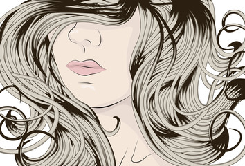 Woman's face with long detailed curly hair