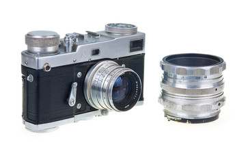 Old Film Camera and Lens Isolated