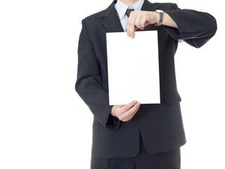businessman is holding clear sheet of paper on white background