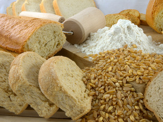 bread, flour, wheat and rolling pin