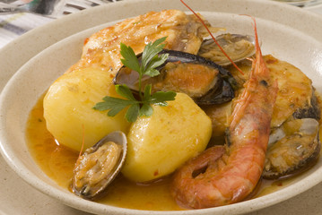 Spanish cuisine. Seafood stew Costa Brava style. - obrazy, fototapety, plakaty