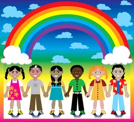 Afwasbaar Fotobehang Regenboog Regenboogachtergrond met kinderen