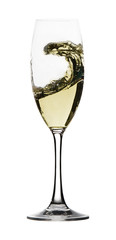 White wine leaping and splashing from a wine glass on white back