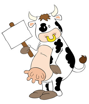 Funny dairy cow with white placard.