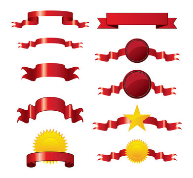 Collection of vector brightly red ribbons and seals