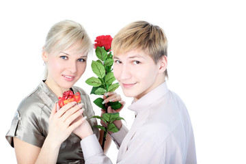 couple with gift and flower isolated on white