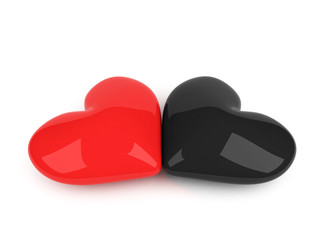 red and black hearts lying on the white background