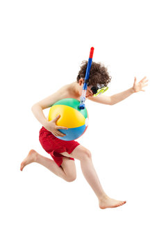 Boy ready to swim and dive isolated on white