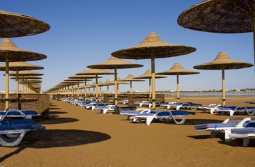 Beach on a sunny day. Hurghada city in Egypt.