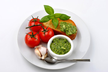 baguette as a snack with homemade fresh pesto