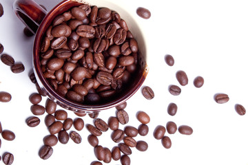Coffee beans in a coffee cup.