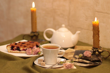 cup of tea and cane sugar against a background