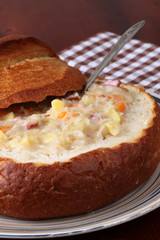 Cabbage soup in a bread bowl
