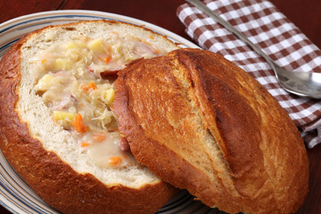 Cabbage soup in a bread bowl