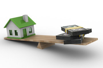 house and money on scales. Isolated 3D image