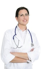 Fototapeta premium Brunette beautiful woman doctor isolated on white