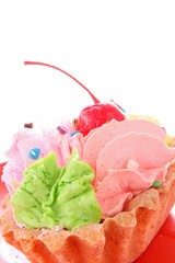 sweet cake with cherry over white background