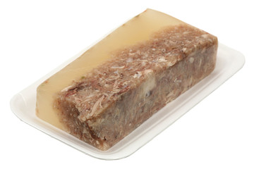 Meat in aspic in the white plastic container