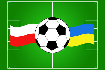 ball with waving flags of Poland and Ukraine on field background