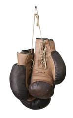 Old boxing gloves hanging on a lace - 20303305