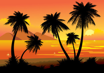 Fototapeta na wymiar Silhouettes of palms on a sea background.
