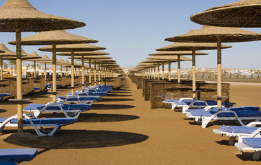 Beach on a sunny day. Hurghada city in Egypt.