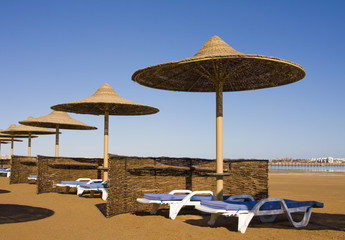 Beach on a sunny day. Hurghada city in Egypt.