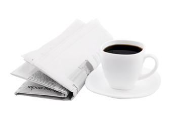 Coffee cup with newspaper isolated on white