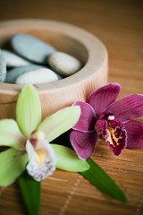 Composition zen - fleurs orchidée et pierres