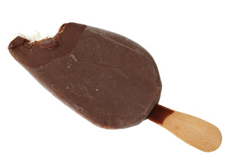 ice cream  in chocolate glaze bit off isolated on white