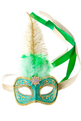 green and gold feathered carnival mask isolated on a white