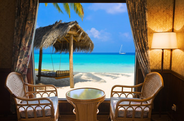 Hotel room and tropical landscape