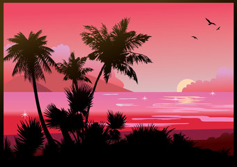 Fototapeta na wymiar Beach. Silhouettes of palms on a sea background.