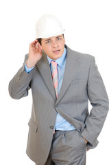 Engineer hold hand near ear isolated on white