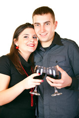 smiling couple with red wine