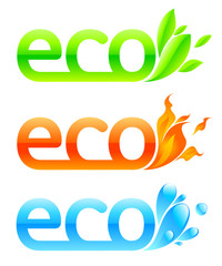 Three eco emblems - greens, aqua and fire