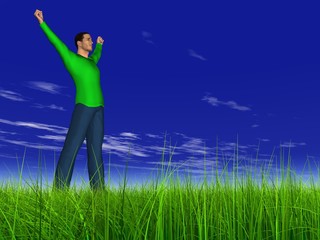 Fototapeta na wymiar High resolution conceptual 3D human jumping happy in grass